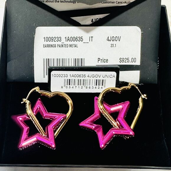 NIB Versace Heart Star Charm Greca Engraved Funky Gold Pink Hoop Earrings $925 - Picture 7 of 12